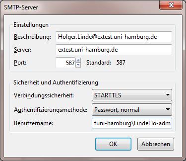 Seite 7/28 Holger.Linde@ exchange. uni-hamburg\baq1234 Beim Postausgangs-Server gibt man eine sprechende Beschreibung ein und beim Benutzernamen ergänzt man ggf. noch die Domäne.