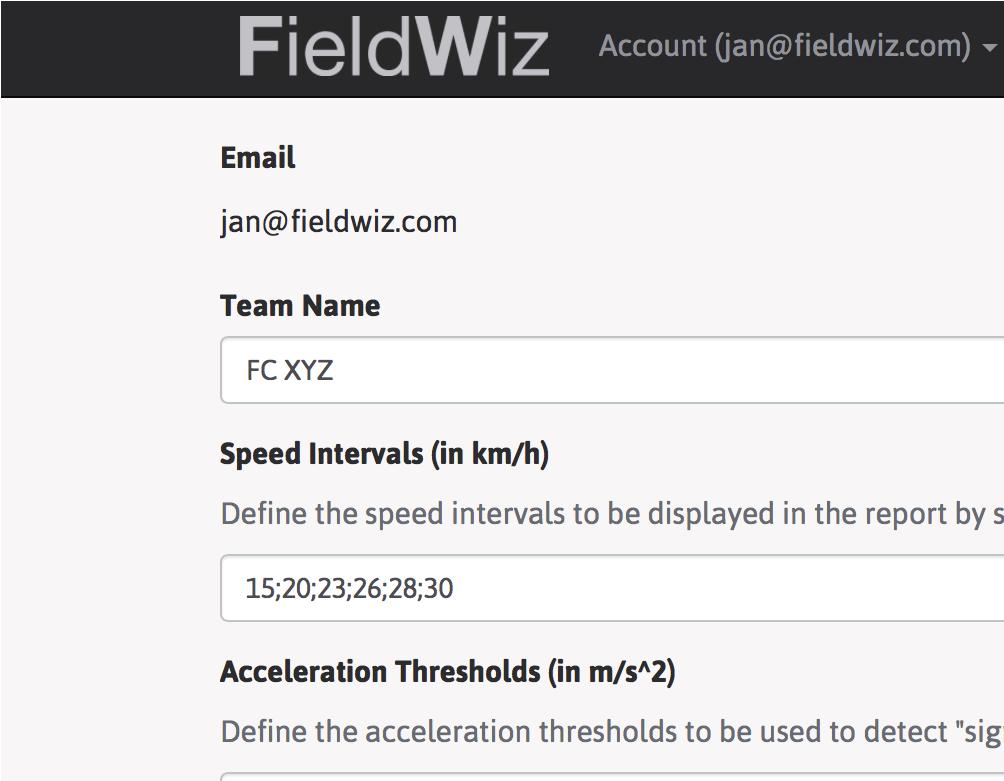 Web-Anwendung Spielbericht Einstellungen Loggen sie sich auf upload.fieldwiz.com ein. Dann können sie folgende Einstellungen vornehmen.