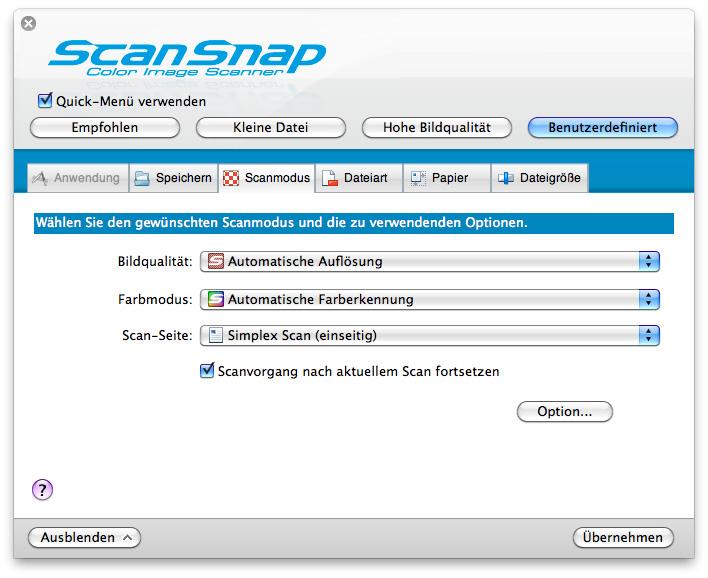 Weitere Details zum ScanSnap Manager Menü finden Sie unter "ScanSnap Manager Menü" (Seite 229). Das ScanSnap Einstellungsfenster erscheint.