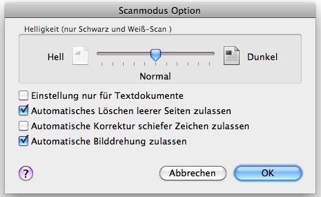 Verschiedene Anwendungsmöglichkeiten von ScanSnap (für Mac OS Benutzer) 2. Klicken Sie auf die [Option] Taste in der [Scanmodus] Registerkarte. Das [Scanmodus Option] Fenster erscheint. 3.