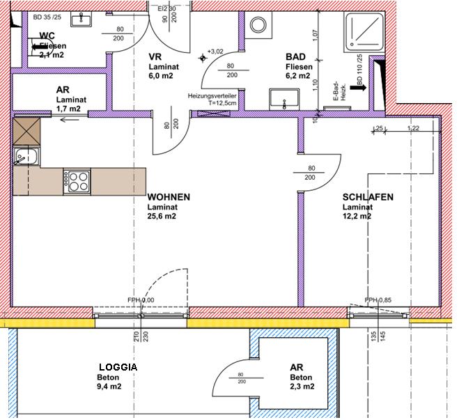 Wohnung Typ C Eckdaten ABSTELLRAUM (innen) 1,7 m² SANITÄR 6,2 m² WC 2,1 m² SCHLAFZIMMER 12,2 m² VORRAUM 6,0 m² WOHNEN ESSEN KOCHEN 25,6 m² LOGGIA 10,9 m² ABSTELLRAUM (außen) 2,3 m² GESAMTNUTZFLÄCHE