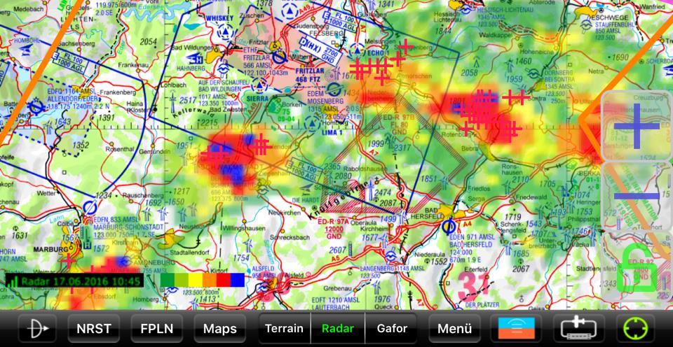 3.5.2 Radar Overlay (Niederschlagsradar + Blitze) Der Button Radar zeigt das Niederschlagsradarbild und Blitze als transparentes Overlay auf der Karte: Im Updatezeitraum aufgetretene Blitze