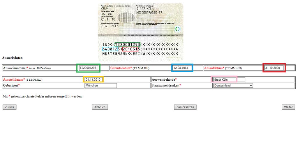 2.3.2. Der neue Personalausweis Um den Antrag mit einem neuen Personalausweis vorzunehmen, wählen Sie bitte bei der Auswahl des Ausweistypen das sonstige Identitätspapier: Bitte geben Sie hier die