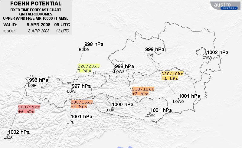 Die Vorhersagekarten für QNH und Föhnbedingungen sehen folgendermaßen aus: QNH-Prognose für mehrere Flugplätze, Hinweis auf Föhnbedingungen In der Mitte zwischen zwei Flugplätzen mit QNH-Prognose ist