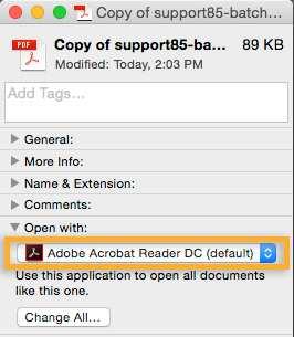 Klicken Sie auf das Dreieck neben der Option Öffnen mit und wählen Sie Adobe Acrobat Reader oder Adobe Acrobat aus der Popup-Liste (wenn die Voreinstellung nicht in der Liste enthalten ist, wählen