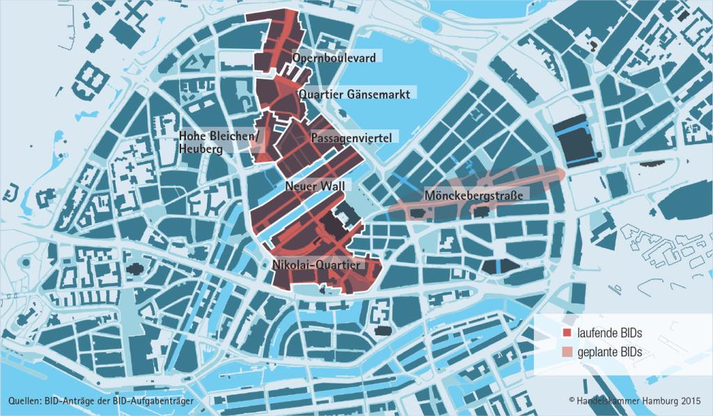 Einleitung BIDs in der Hamburger Innenstadt, Entwurf: Heiner Schote, Kartographie: Handelskammer Hamburg / Michael Holfelder