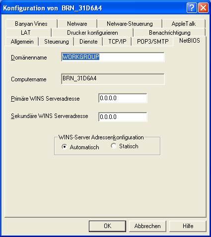 Netzwerkdruck in Windows : Peer-to-Peer (NetBIOS) 6 Wählen Sie die Registerkarte NetBIOS. Geben Sie einen Namen für Workgroup/Domäne ein.