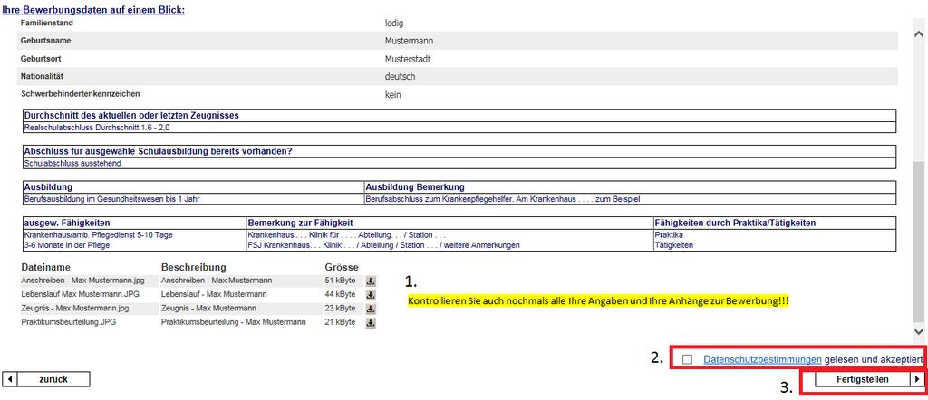 g) Stimmen Sie anschließend den Datenschutzbedingungen zu. h) Sie schließen Ihre Bewerbung mit dem Klick auf fertigstellen ab.