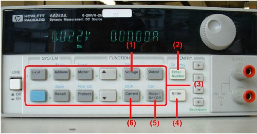 A. Anhang: Materialien und Messprogramm A.1. Netzgerät HP 66312 A Drücken Sie zunächst Voltage (1) für die Einheit des einzustellenden Werts, dann Enter Number (2).