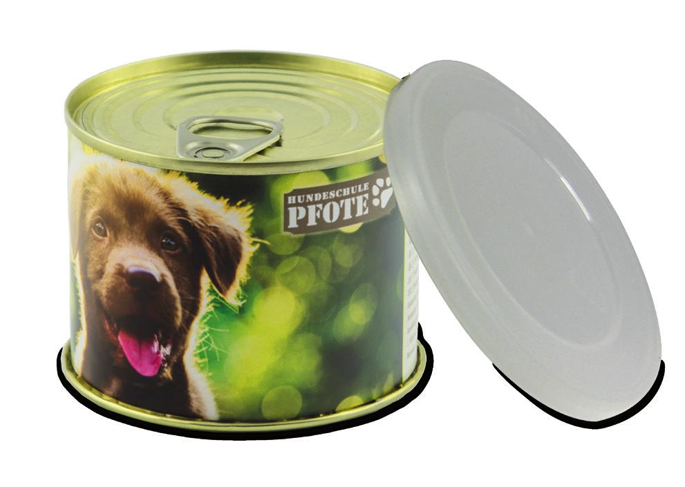 Leckerli-Konserve Leckerli-Dose In der für Hundefutter bekannten Konservendose sind die Leckerli verpackt. Einfach Deckel öffnen und verfüttern.