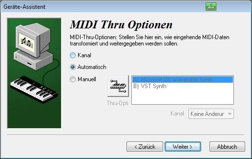 Hier wählen Sie die MIDI-Kanäle aus, die Sie für MIDI-Thru benutzen wollen. Eingehende MIDI-Daten werden ohne Veränderung weitergesendet über das MIDI-Thru-Gerät.