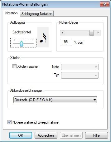 Metronom: Gerät und Kanal Wählen Sie den MIDI-Kanal und das Gerät für die Metronom-Noten. Kanal 10 stellt sicher, dass die Noten mit Schlagzeug-Klängen abgespielt werden.