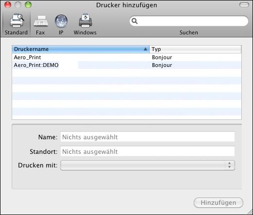 MAC OS X 15 DRUCKER HINZUFÜGEN - DRUCKVERBINDUNG STANDARD (BONJOUR) HINWEIS: Das Einrichten eines Druckers per Bonjour ist nur möglich, wenn der E100 und der Client-Computer unter Mac OS X demselben