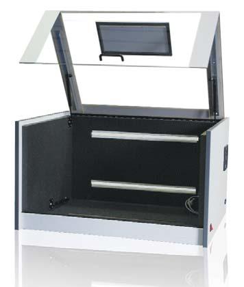 LD-Box Silent LD-Box Silent LD-Box Silent, Laserdruckerhaube Korpus aus MDF-Platte, melaminharzbeschichtet D=20 mm 5 mm verstärkter Acryldeckel mit Gasdruckfedern Zugriffsklappe für die