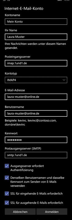 Schritt 5 Hier tragen Sie ein: Name für dieses E-Mail-Konto. Ihren Namen. Wird dem Empänger Ihrer E-Mails angezeigt. Adresse des Posteingangsservers (z. B. imap.1und1.de). Kontotyp (IMAP4).