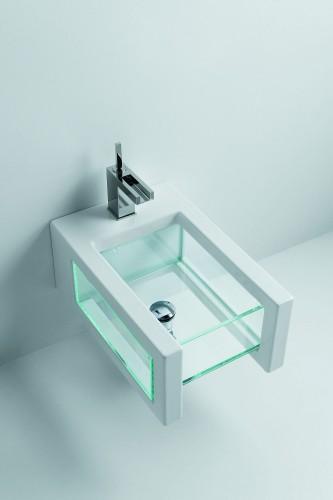 1.111 BA43328 Hänge-Bidet mit Glaseinsatz Wandträger aus hochwertiger Sanitärkeramik trendorientierte Badeinrichtungsserie Glasklar Mit dem Bidet wird die Kollektion der Serie Glasklar komplett.