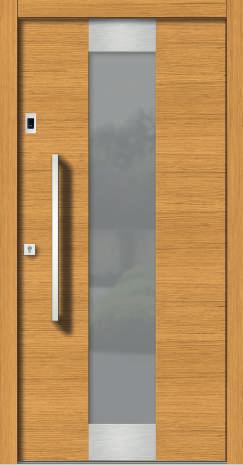 Türblatt außen mit Holzdekor astig längsfurniert Farbe: RAL7016 Farbe Holzdekor außen: geölt Glas: Satinato weiß Außenrosette: ZA Griff: HG120