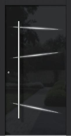 H313L Holzart: Fichte Farbe innen: F00 Farbe Rahmen außen: RAL7021 Türblatt außen: Klarglas mit Email schwarz Streifen mit LED