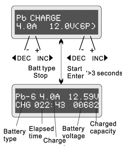 Wählen Sie entsprechend der Menüübersicht den gewünschten Akkutyp und danach mit INC DI- SCHARGE und durch nochmaliges Drücken von INC CYCLE aus.