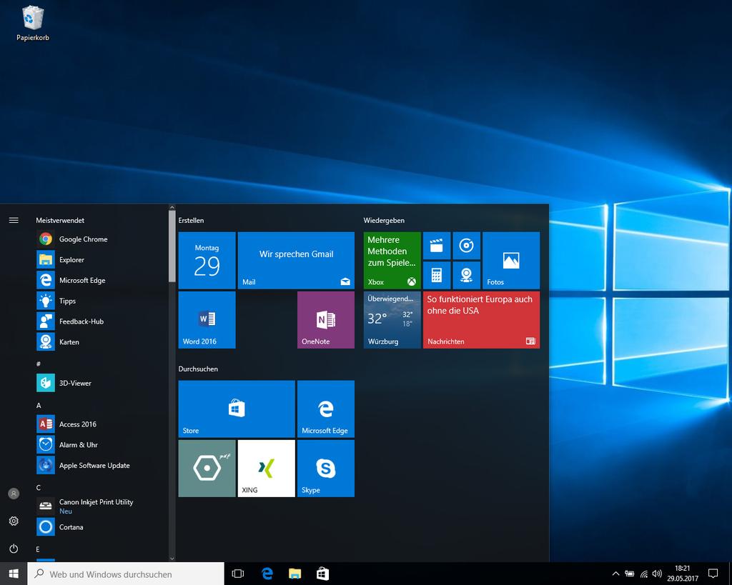 Windows 10 kennenlernen 1 Desktop, Startschaltfläche und Startmenü Nach der Anmeldung gelangen Sie zum Desktop Windows ist jetzt betriebsbereit.