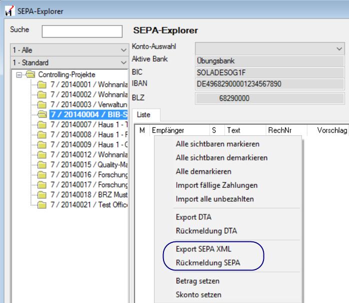 Die fälligen Zahlungen werden importiert und können mit dem Befehl: Export SEPA