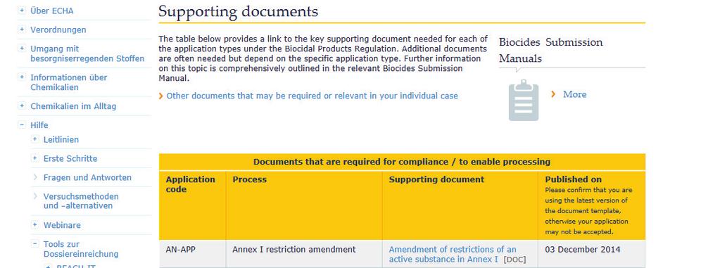 ECHA Formulare zu den verschiedenen Zulassungsprozessen: Die ECHA Formulare finden Sie unter