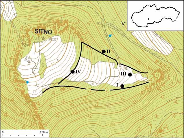 238 Ondrej Ožďáni Pavel Žebrák Obr. 1. Ilija-Sitno, okr. Banská Štiavnica. Umiestnenie sond v areáli hradiska v roku 1986. I sondy I-A a I-B miesto nálezu bronzového depotu (vyhotovil M.