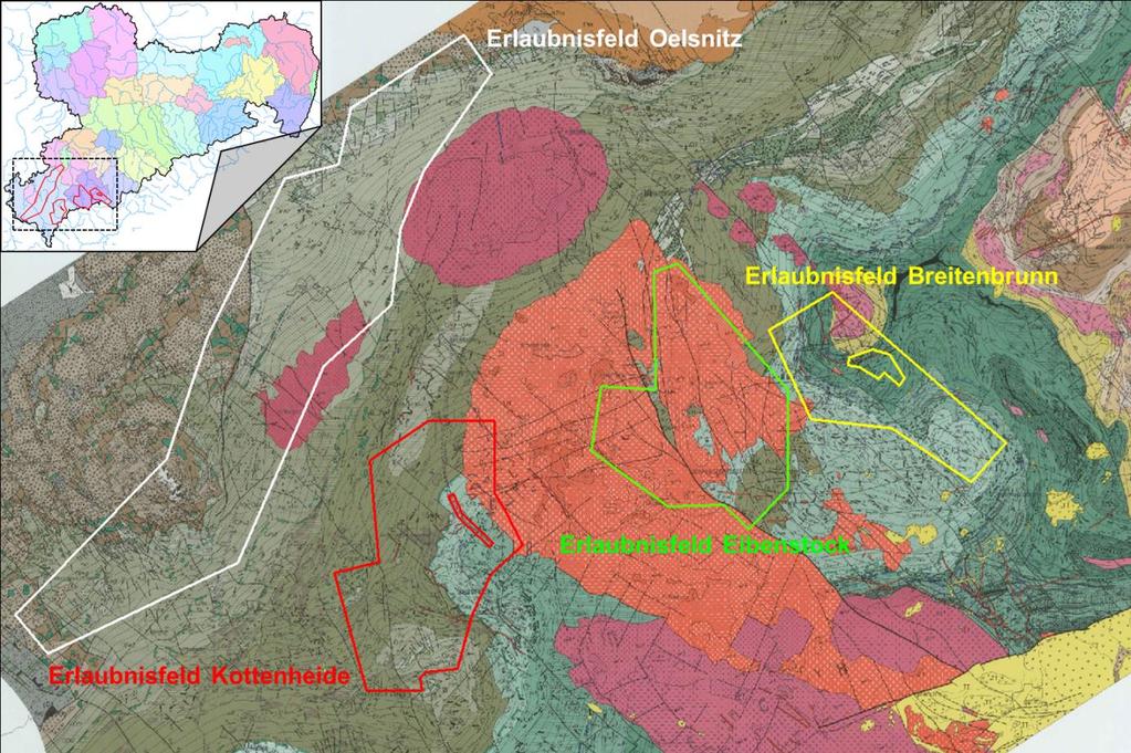 Abbildung 2: Lage der Erlaubnisfelder im Bereich Westerzgebirge/Vogtland (Karte modifiziert, Quelle LfULG, GK100) Das erreichte Bearbeitungsniveau für die vier Erlaubnisfelder ist unterschiedlich.