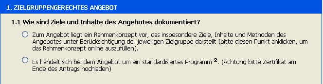 13 12 Bei der Frage 1.1 müssen Sie sich entscheiden, ob das auszuzeichnende Angebot ein vom DTB erstelltes standardisiertes Programm darstellt.