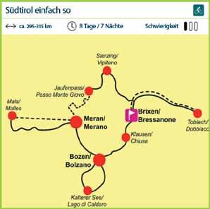 Die Radreise führt Sie auf den Radwegen vom östlichen Pustertal und von den Dolomiten in die Landeshauptstadt Bozen, zum Kalterer See, in die Kurstadt Meran und in den Vinschgau.
