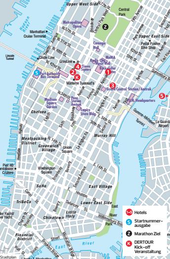 Auf der Karte Nr. 5) Courtyard by Marriott Long Island City 3*** Das neue und moderne Hotel liegt außerhalb von Manhattan im Stadtteil Queens unweit der Marathonstrecke.