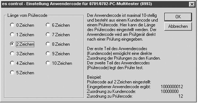 5.1.3.1 Eeinstellungen Anwendercode für 0701/0702-PC-Multitester (8993) Wählen Sie aus dem Menü "Einstellung" das Untermenü "Anwendercode..." aus. Es erscheint folgendes Fenster: Bild 5.