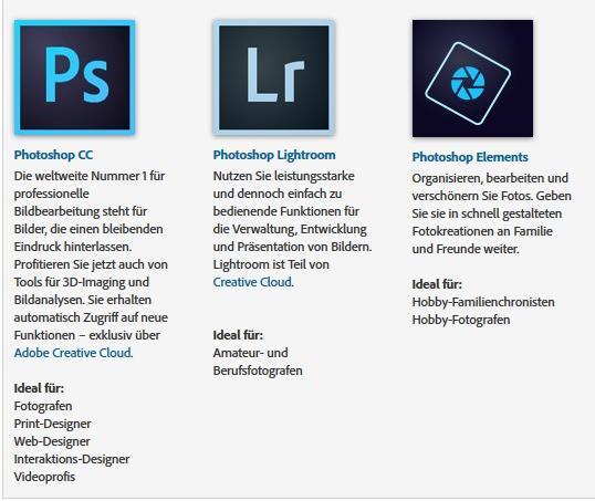 Adobe Photoshop CC * (1990: 895 USD) Adobe Photoshop Lightroom CC / 6 (2007) Adobe Photoshop Elements 15