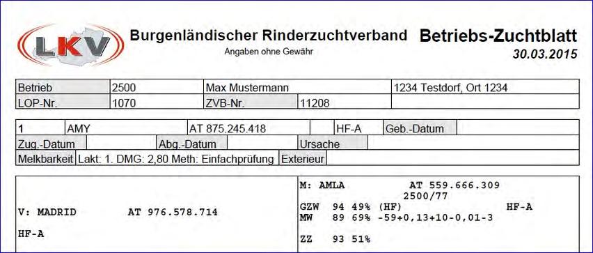 Zur Auswahl steht Zuchtblatt Milch oder Fleisch, je nach Nutzart des Tieres.