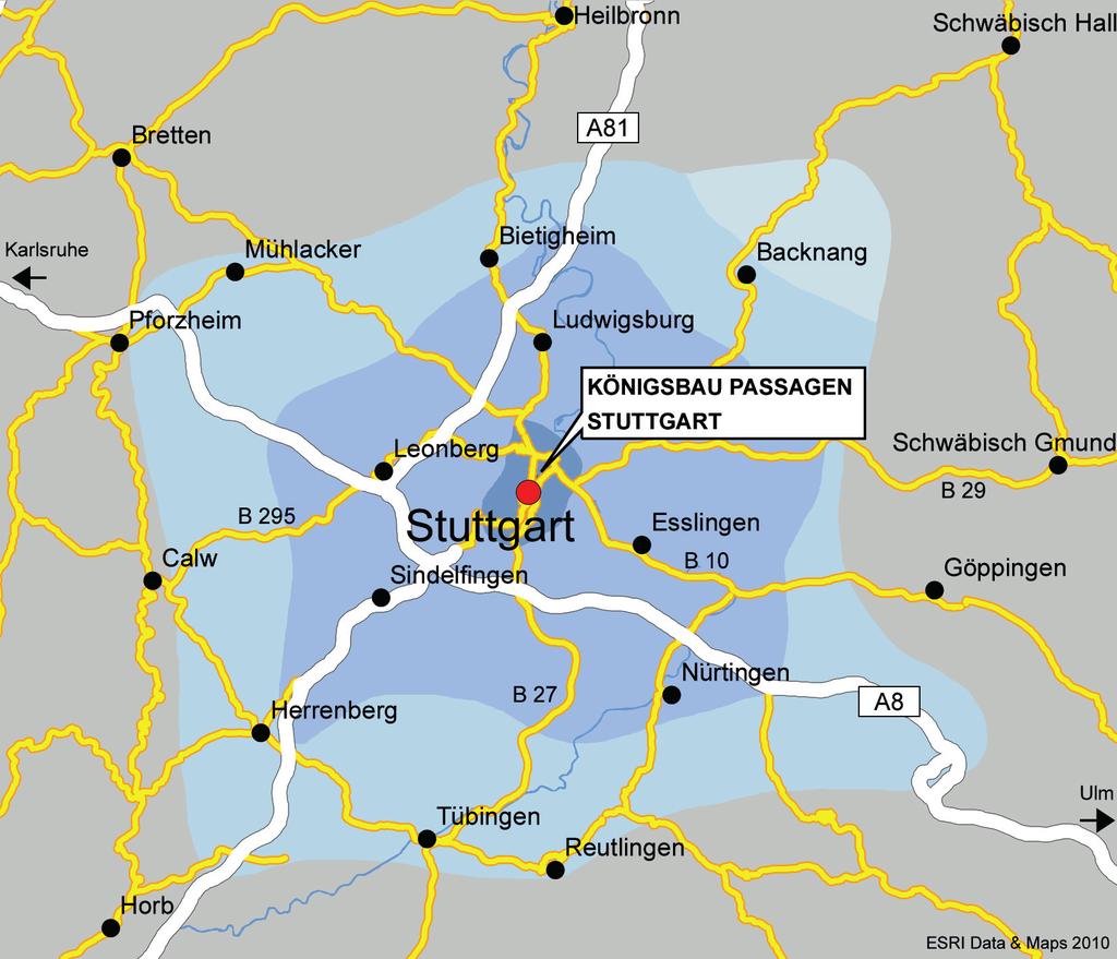 Erreichbarkeit / Einzugsgebiet Das Center befindet sich im Zentrum der Stuttgarter
