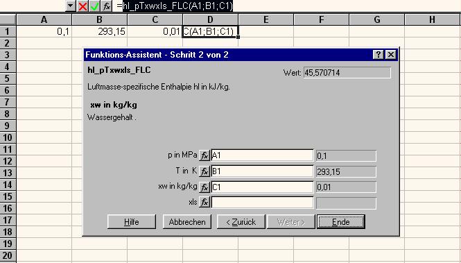 2/8 Es erscheint das Menü "Funktions-Assistent - Schritt 2 von 2" - Im Fenster neben "p in MPa" die Nummer der Zelle mit dem Wert für den Gesamtdruck p eintragen, bz.