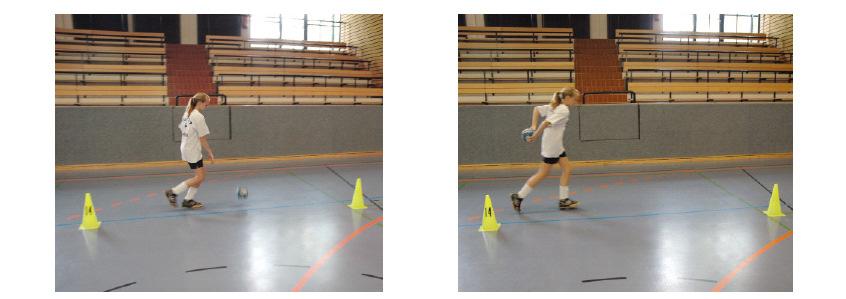 Übung 6 Laufkoordination um ein Hütchen-Viereck Mit Hütchen wird ein 4 x 4 m großes Viereck aufgestellt. Als erstes wird dieses von den Kindern schnellstmöglich prellend umrundet.