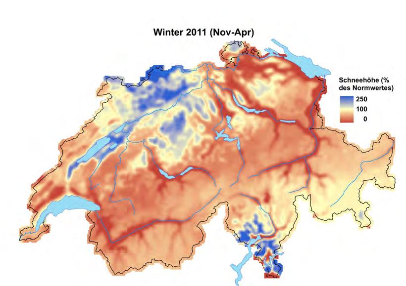Abbildung 4: Schneehöhen über den ganzen Winter (November 2010 bis April 2011) im Vergleich zum langjährigen Mittelwert über den ganzen Winter.
