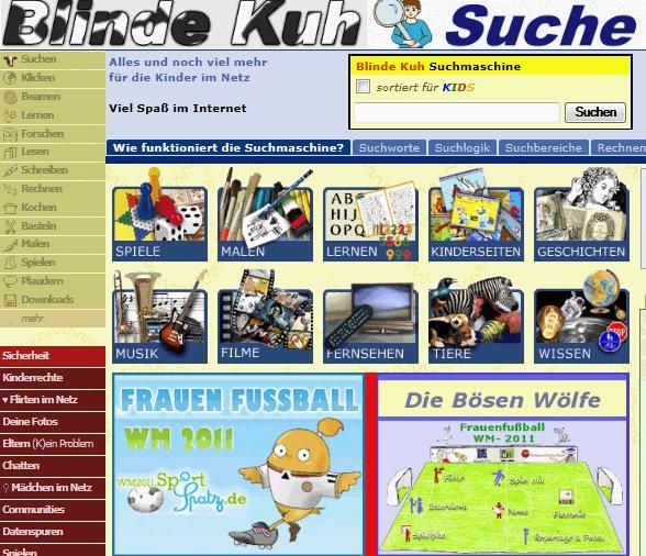 Die Homepage der Bösen Wölfe als InternetTipp auf der Startseite der bestbesuchten Kindersuchmaschine für Kinder "Blinde Kuh" Coup de cœur