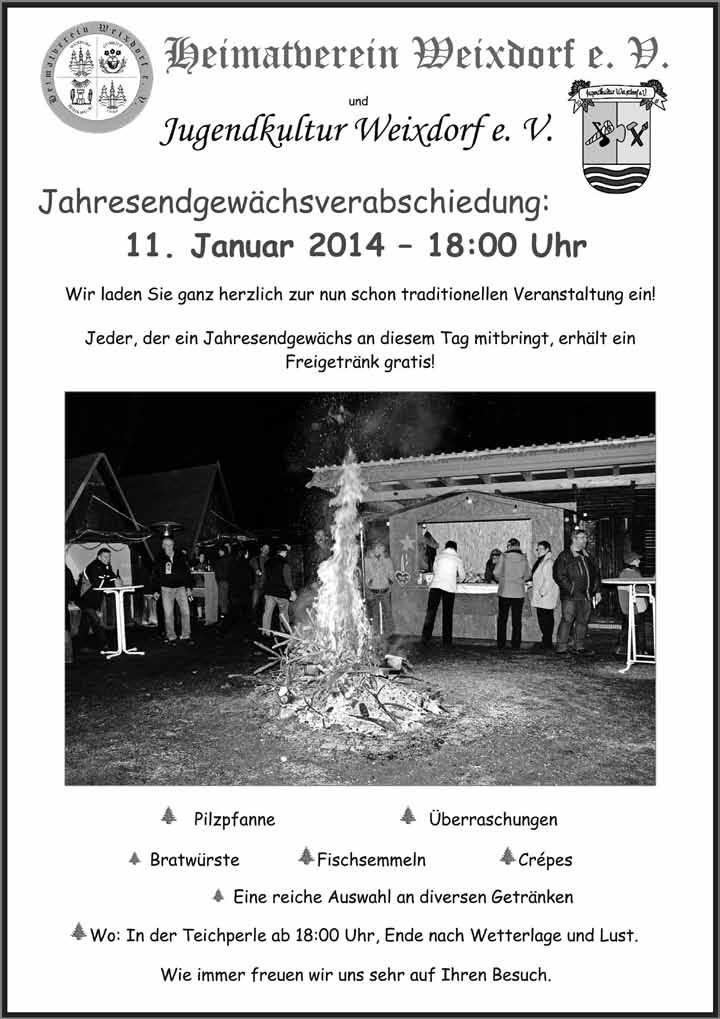 Informationsblatt vom 19.12.2014 für die Ortschaft Weixdorf - 12 - Nr. 19/2014 Marsdorfer e. V. Für Januar 2015 liegen der Redaktion noch keine Termine vor.