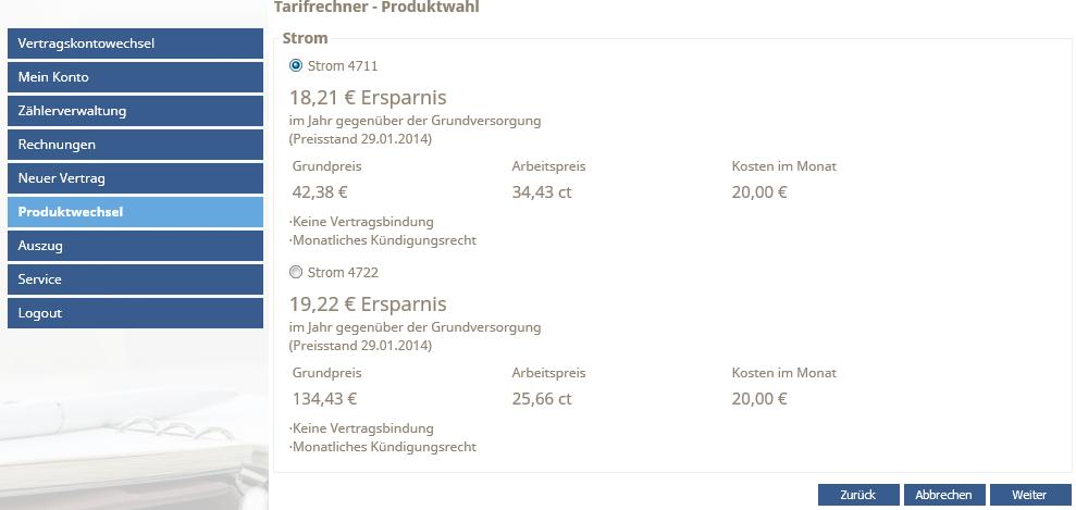 Tarifkundenportale Produktwechsel Anzeige und Auswahl der möglichen Tarife zum