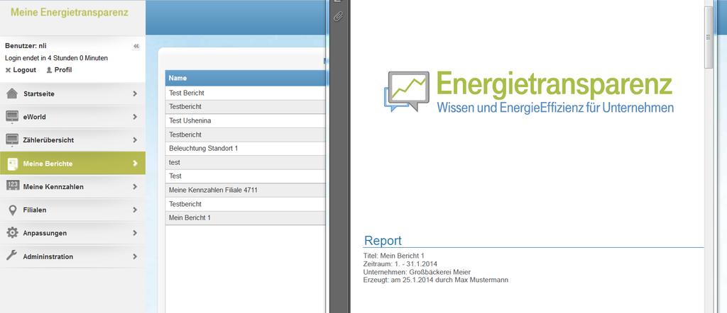Energieeffizienz Portal Übersicht über alle generierten Berichte Download als PDF-Dokument