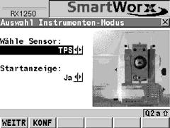 Beschreibung Bei SmartWorx wird standardmässig der Auswahl Instrumenten-Modus Dialog angezeigt. Um RX mit TPS zu benutzen, Wähle Sensor = TPS selektieren.