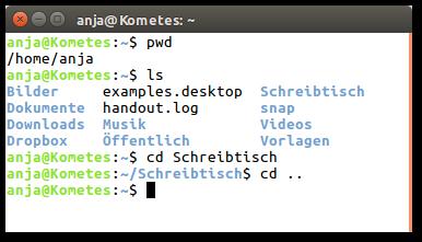 , UNIX grundlegende Befehle pwd (print working directory) zeigt die aktuelle Position im Verzeichnisbaum an. ls (list) listet die Verzeichnisse und Dateien des aktuellen Verzeichnisses auf.