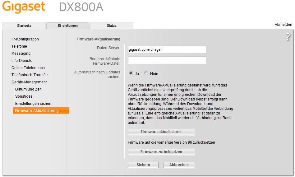 Gehen Sie danach in das Register Einstellungen. Wir empfehlen Ihnen als erstes das DX800 auf aktuelle Firmware zu überprüfen.