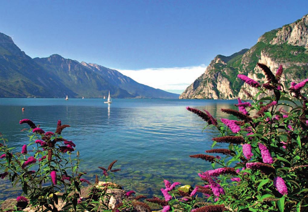 Trentino, Land der 300 Seen Das Nordufer des Gardasees an einem Bilderbuchtag. Links das lang gestreckte Monte-Baldo-Massiv, rechts wachsen die Felsen senkrecht aus dem See.
