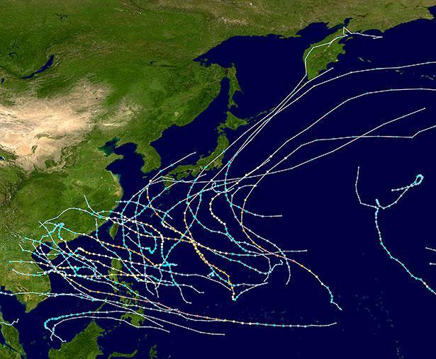 Klimawandel: Schon jetzt mehr Super-Taifune Wirbelstürme der Kategorien 4 und 5 sind heute mehr als doppelt so häufig wie 1977 Zugbahnen