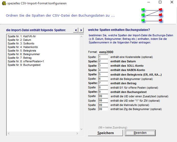 Import-Fenster auf den Button Format siehe rote Markierung: um folgendes Fenster zu öffnen: Hier bestimmen Sie, welche Spalten der