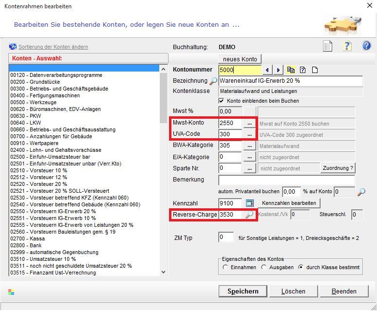 zugewiesenen UVA-Code und der zugewiesenen Mwst- Konten, automatisch berechnet und im UVA-Formular U 30 ausgegeben.