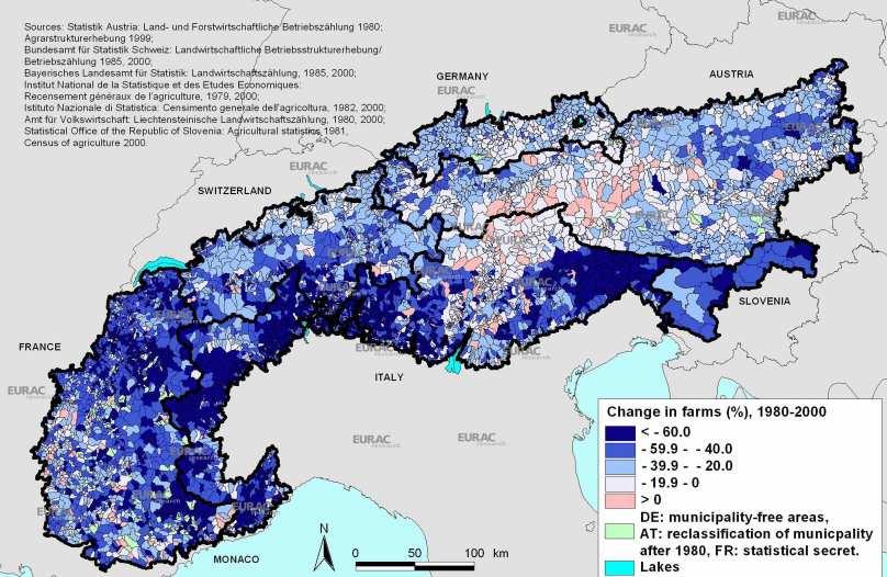 Abnahme der Landwirtschaftsbetriebe im Alpenraum 1980-2000 Quelle: Südtiroler Bauernbund / Dr.